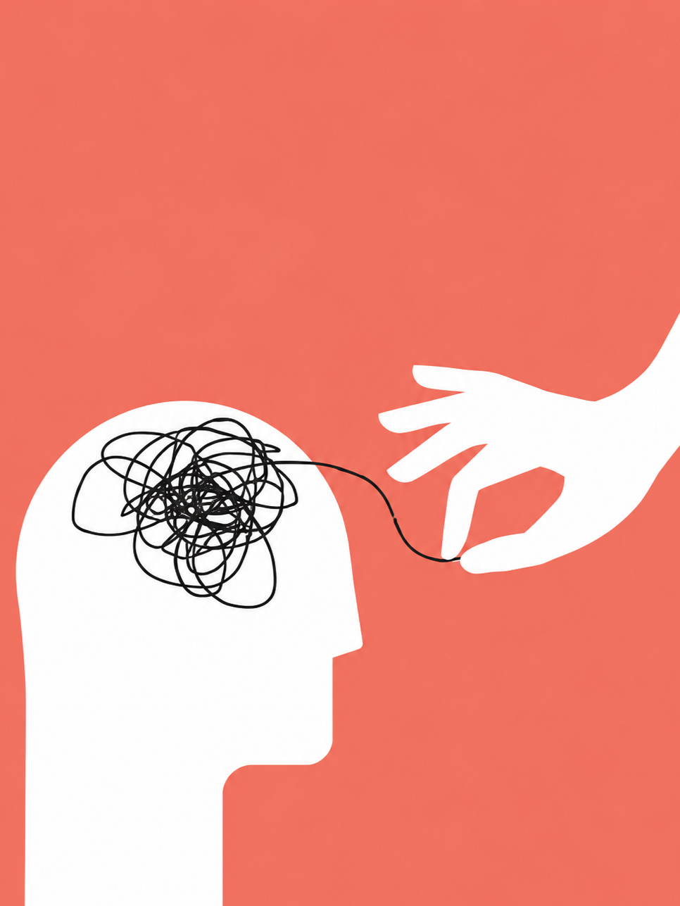 Illustration of a hand untangling thoughts inside a head — psychology