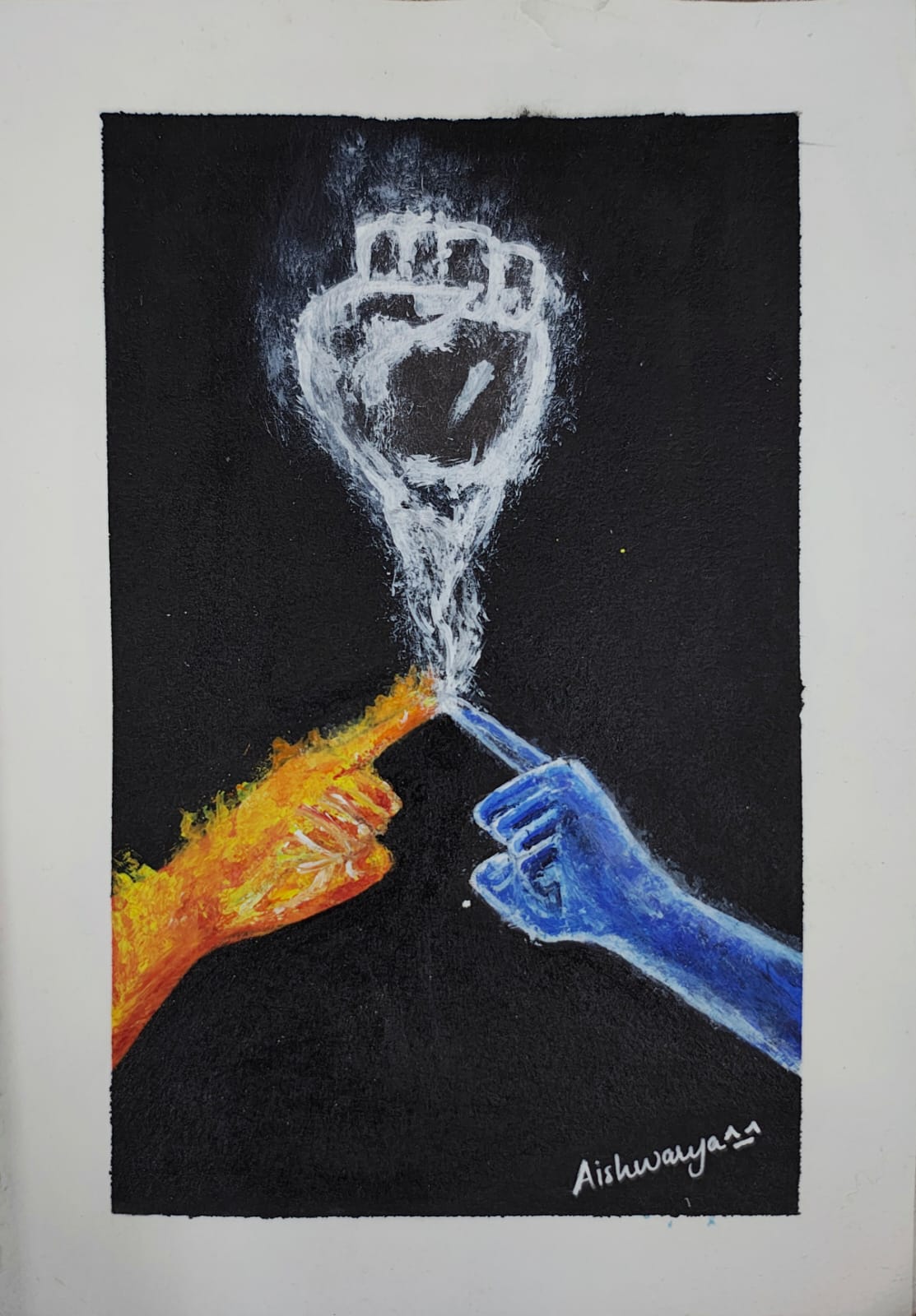 Original painting by Aishwarya — fire and water hands forming unity